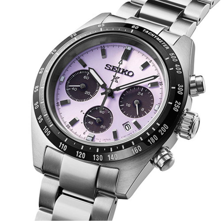 A solar chronograph with a dial rendered in purple