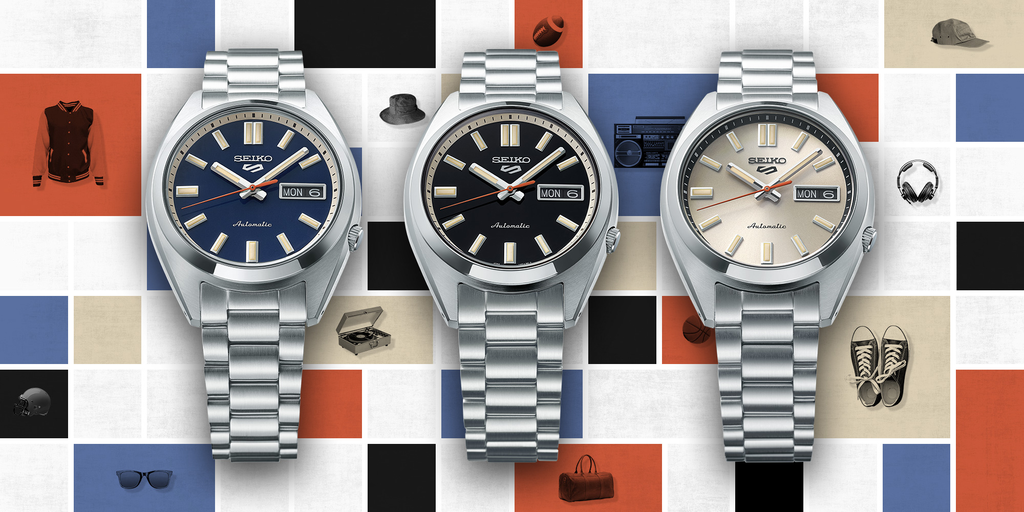 Closeup of Blue, Black and Beige Dial Colour Variants of Seiko 5 Sports SNXS Watch SRPK89K1