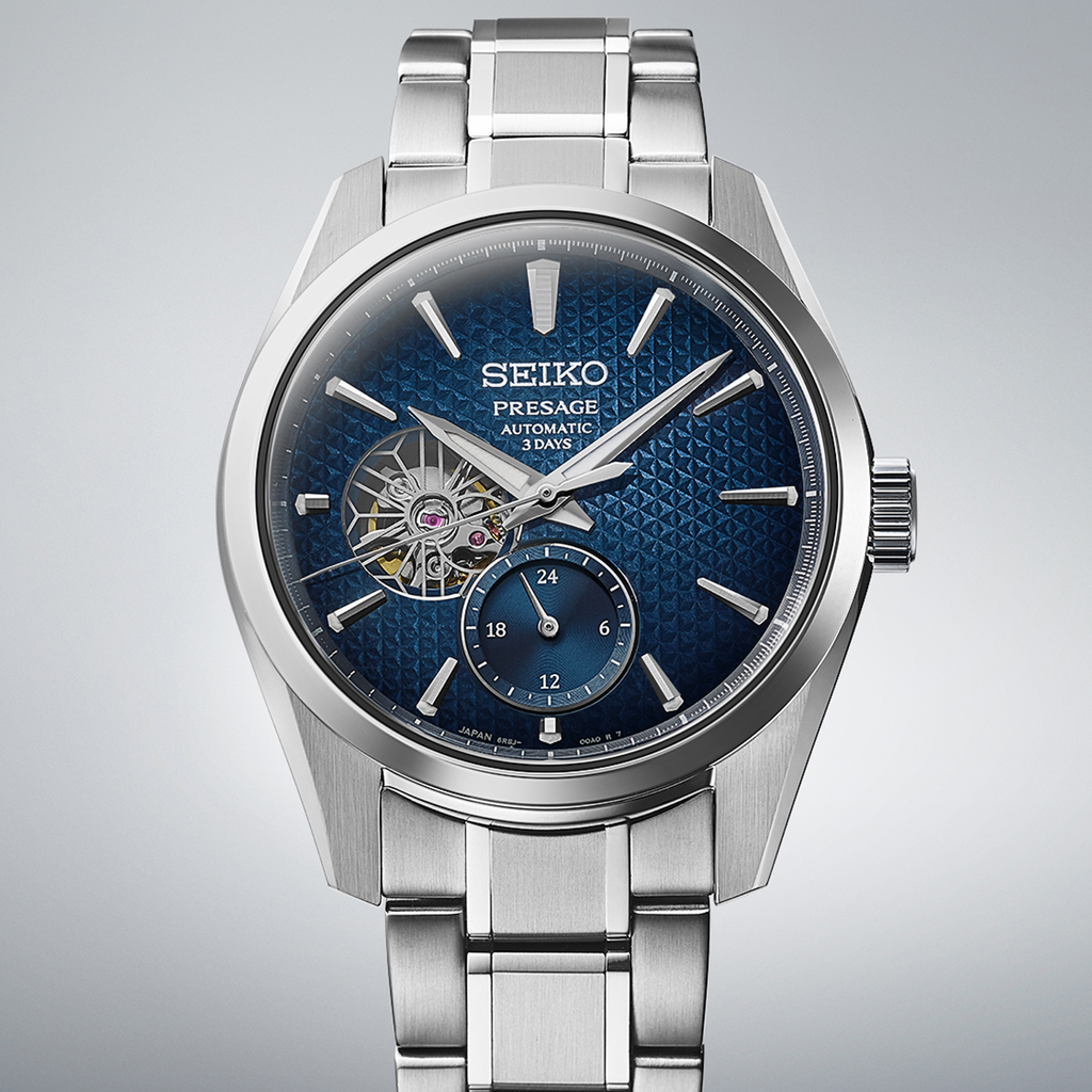 Closeup of Seiko Presage Ao Sharp-Edged Open Heart Watch SPB417J1