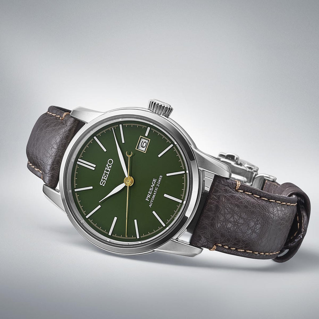 Angled View of Seiko Presage Green Urushi Lacquer Watch SPB407J1