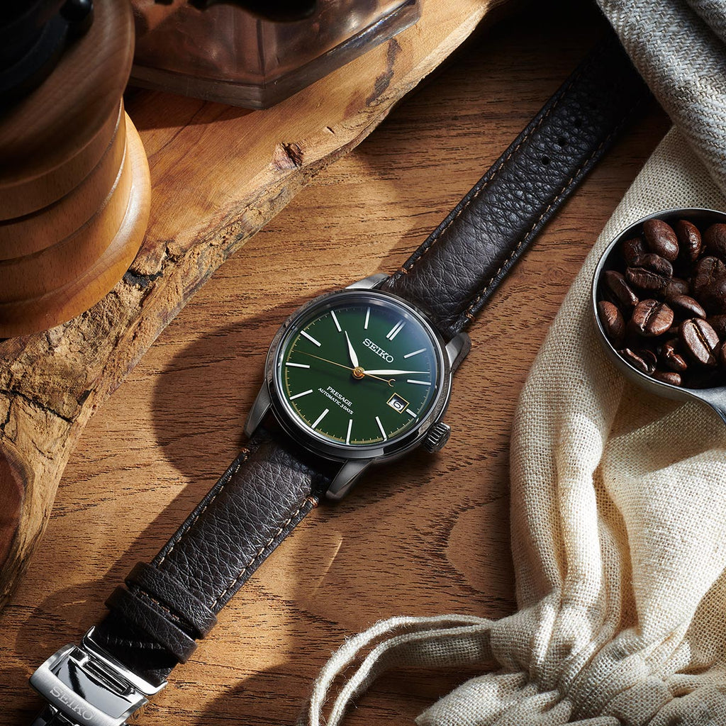 Angled View with Leather belt of Seiko Presage Green Urushi Lacquer Watch SPB407J1