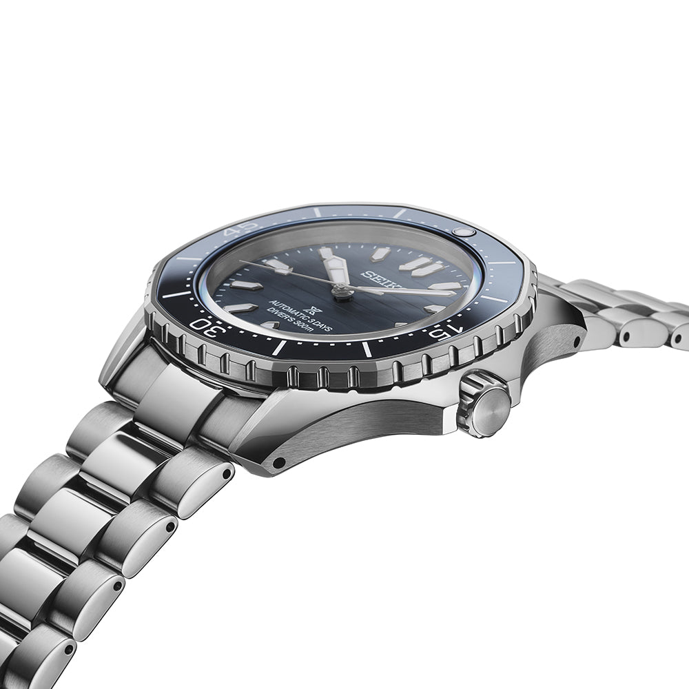 Angled View of Seiko Prospex Watch SPB483J1 with cobalt blue dial and blue polygonal bezel.
