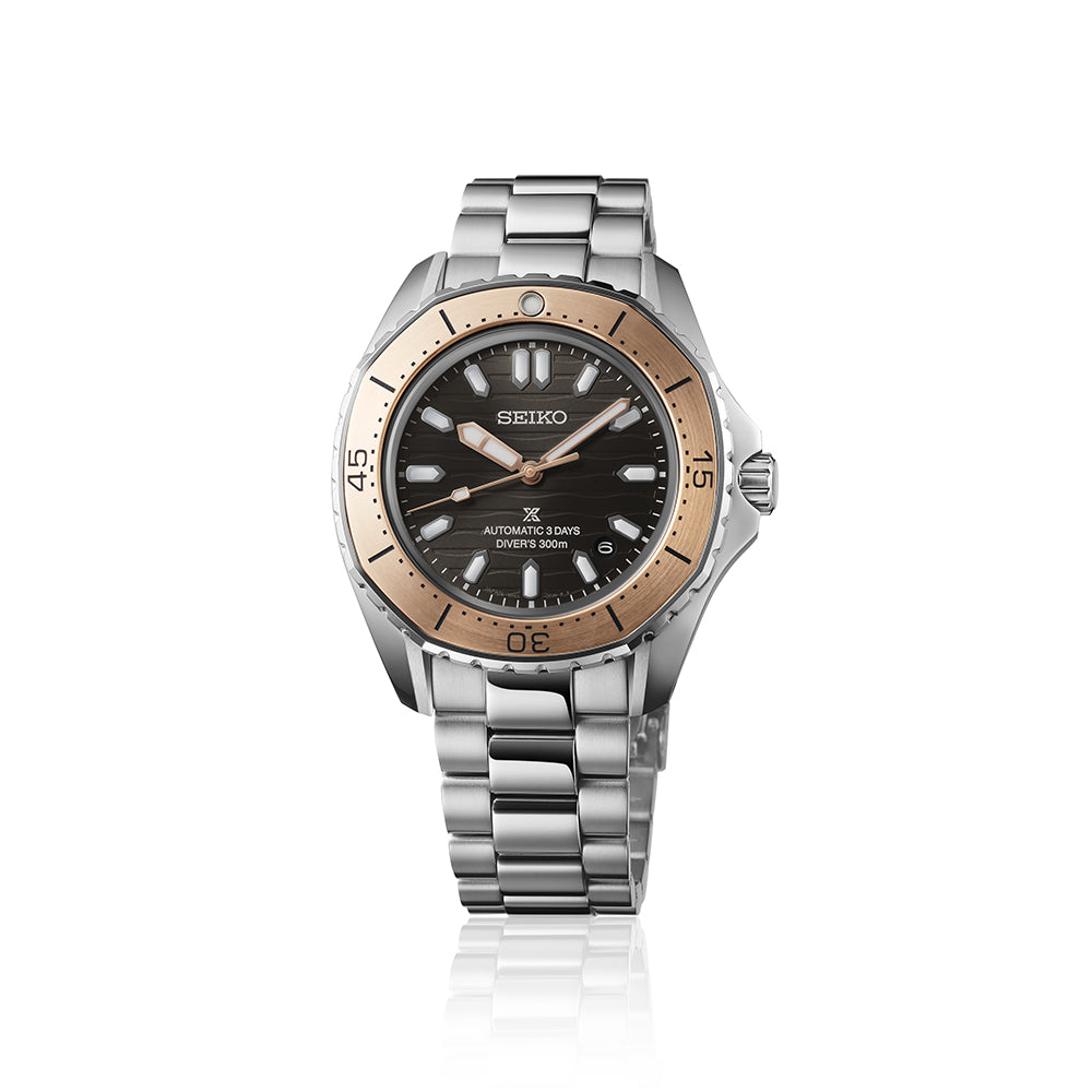 Front View of Seiko Prospex Diver’s Watch Polygonal in Ocean Grey And Bronze Tone SPB485J1