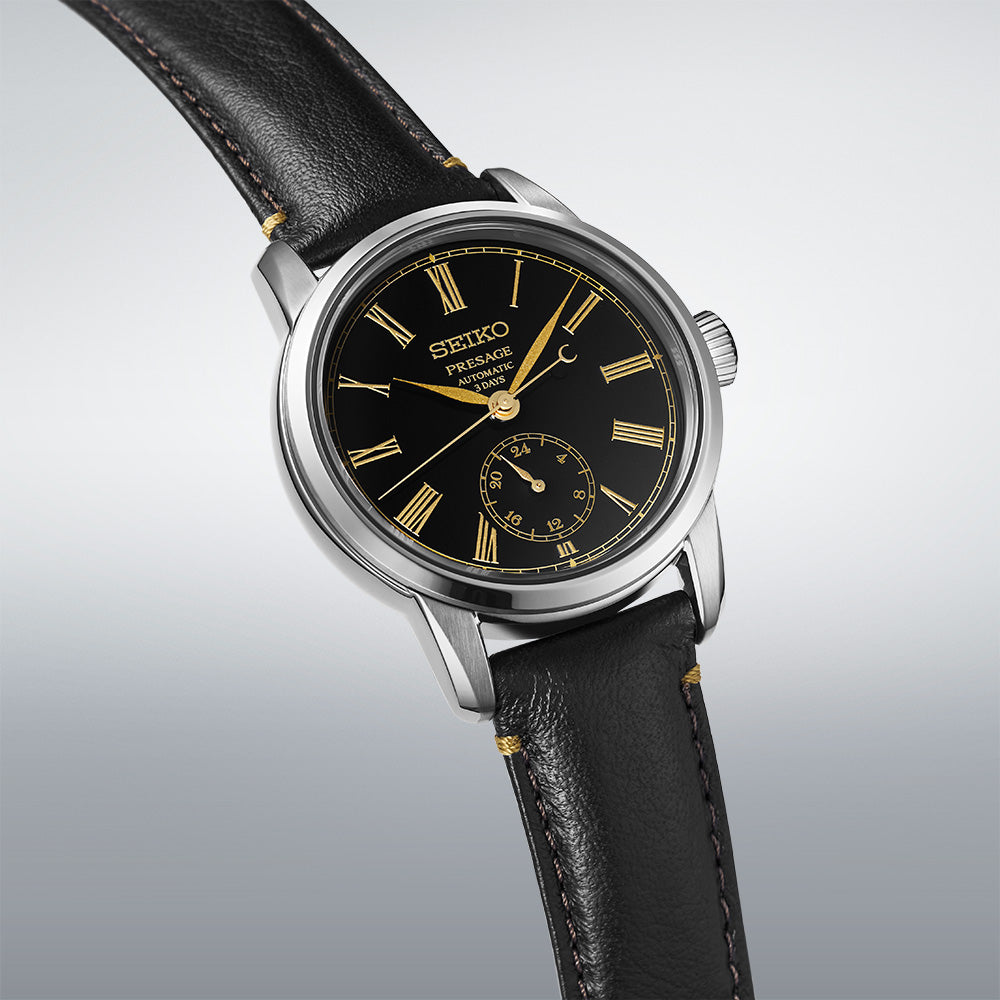 Side angle view of Seiko Presage Urushi Black Watch With Roman Numerals SPB499J1