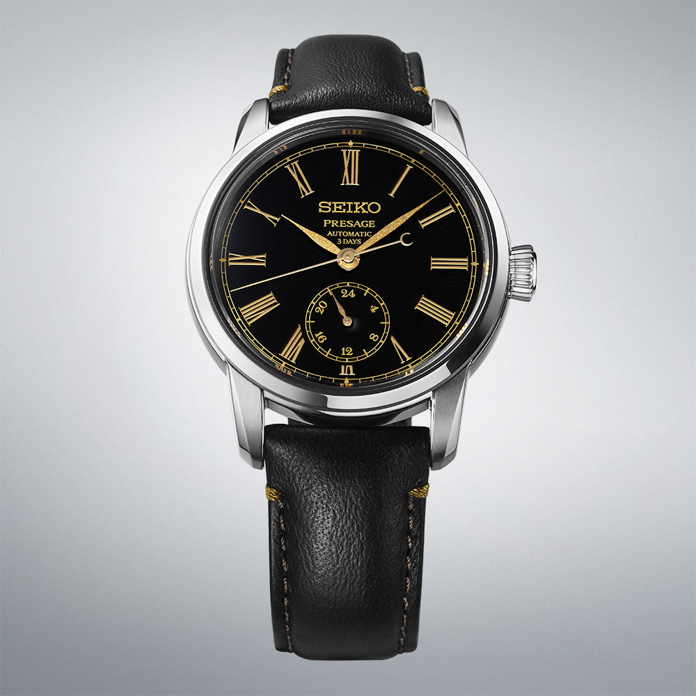 Front view of Seiko Presage Urushi Black Watch With Roman Numerals SPB499J1