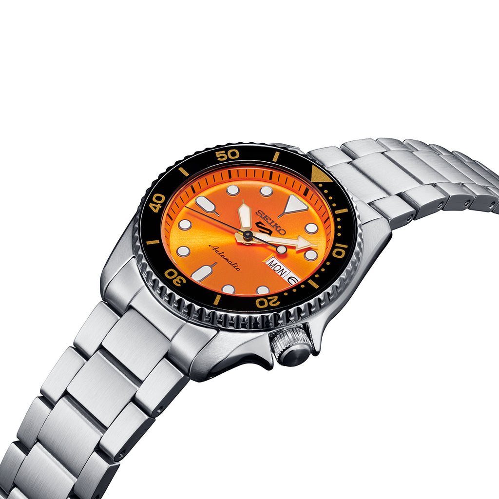 Seiko 5 Sports SKX Midi Orange Watch SRPK35K1 Elegant Stainless Steel Band