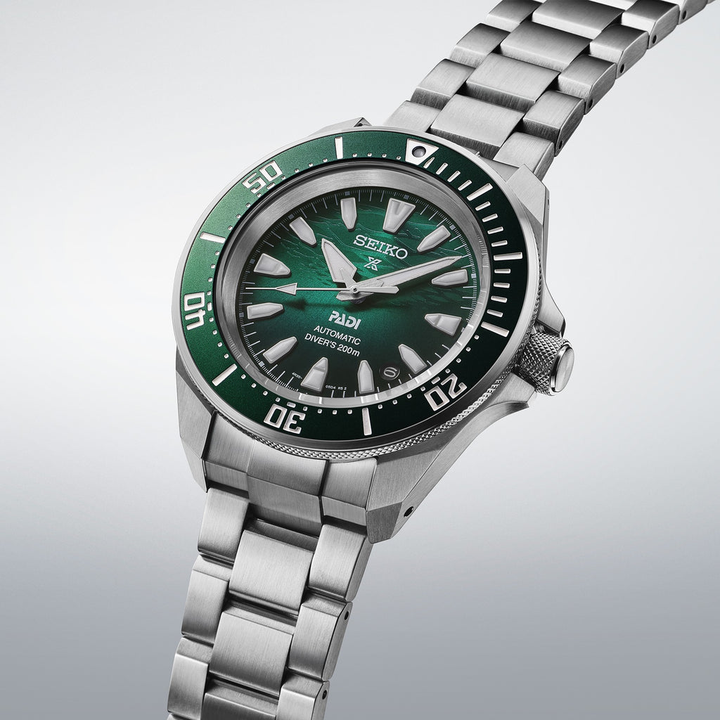 Side angle view of Seiko Prospex PADI 60th Anniversary 4R Compact Mechanical Diver’s Watch SRPL53K1
