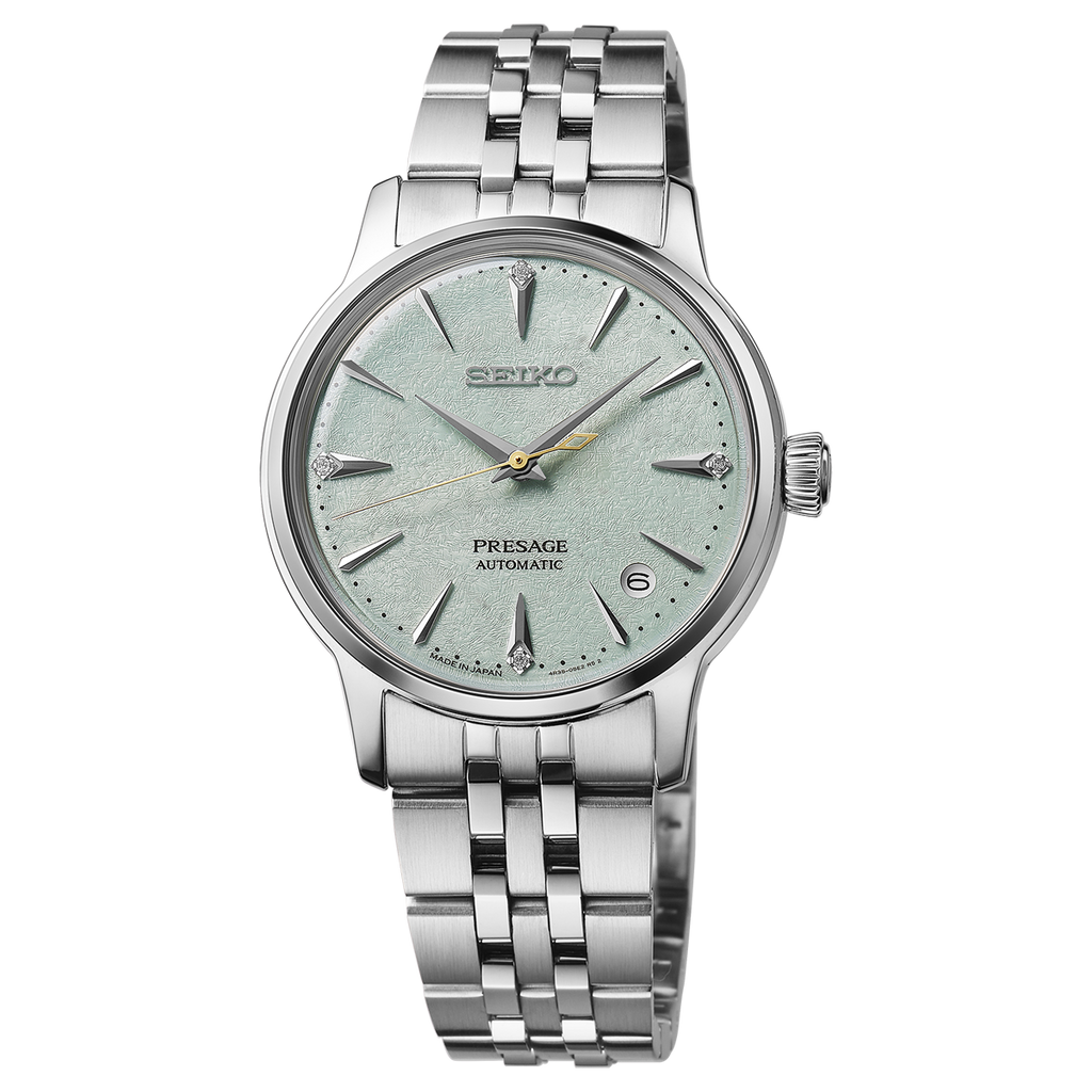 Close view of Seiko Presage Frozen Mojito Cocktail Time Womens Watch SRPL63J1