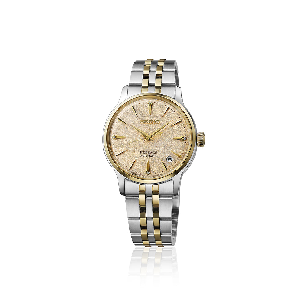 Close view of Seiko Presage Frozen Daiquiri Diamond Cocktail Watch SRPL64J1