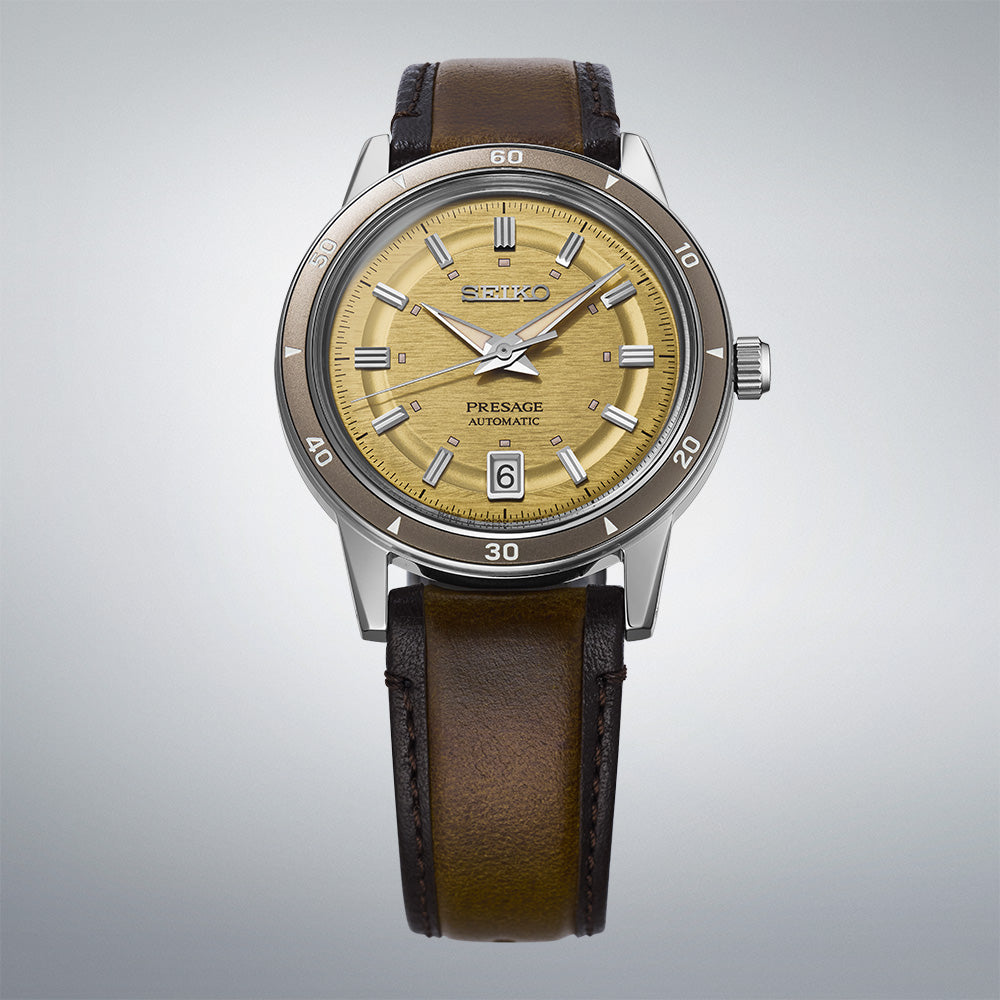 Close view of Seiko Presage Style 60's Golden Yellow Mens Watch SRPL75J1
