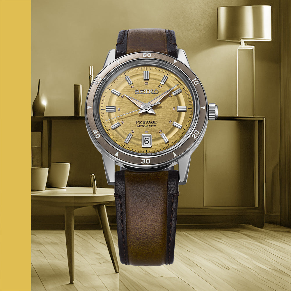 Beautifully crafted background with Seiko Presage Style 60's Golden Yellow Mens Watch SRPL75J1