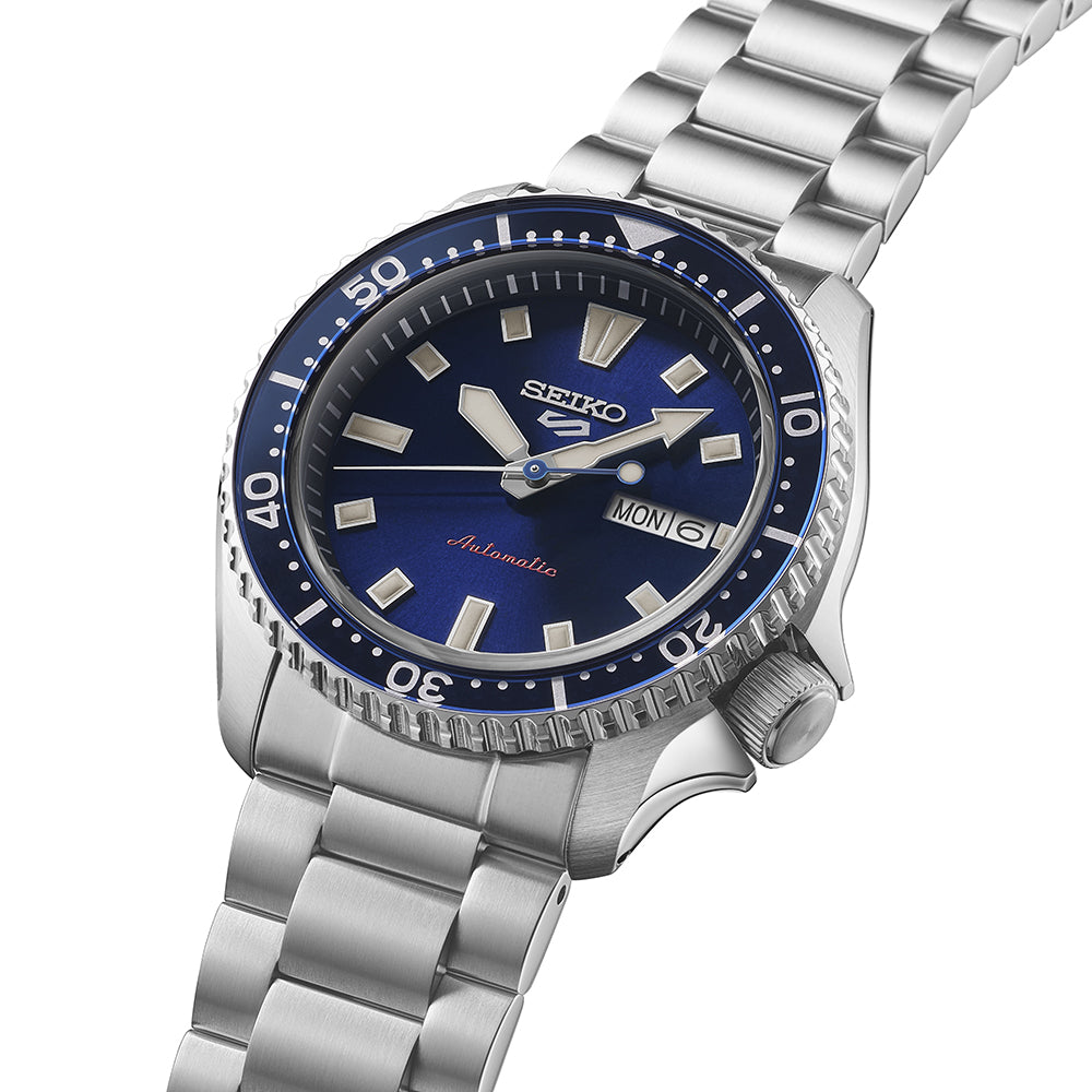 Side angle view of Seiko 5 Sports SKX Redux In Koniro Blue Mens Watch SRPL83K1