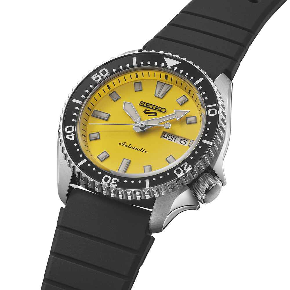 Side angle view of Seiko 5 Sports SKX Redux In Ki-iro Yellow Mens Watch SRPL87K1
