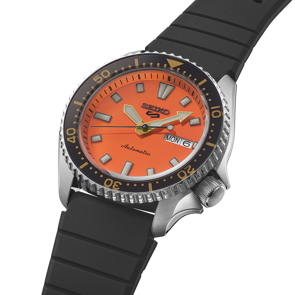 Side angle view of Seiko 5 Sports SKX Redux In Daichi Orange Mens Watch SRPL89K1