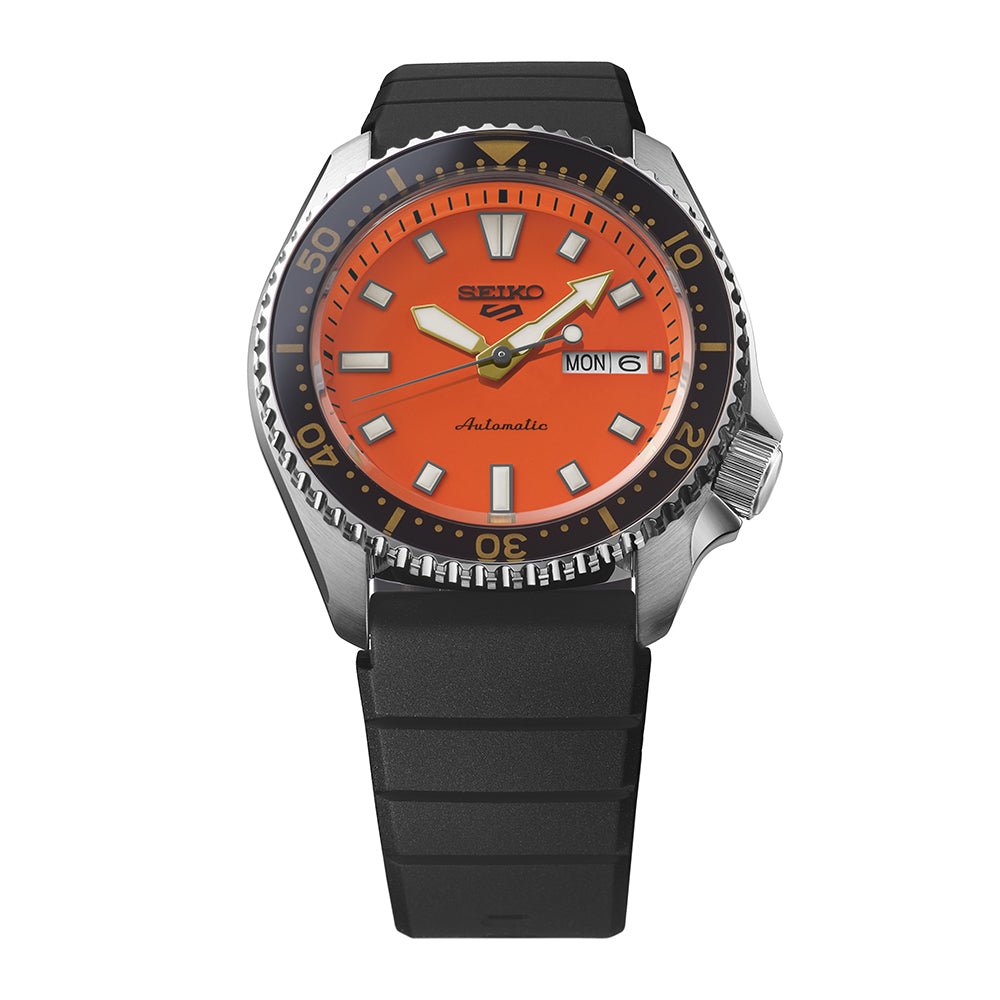 Close view of Seiko 5 Sports SKX Redux In Daichi Orange Mens Watch SRPL89K1