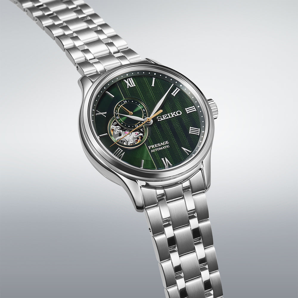 Angled View of Presage Japanese Zen Gardens in Fern Green Watch SSA463J1