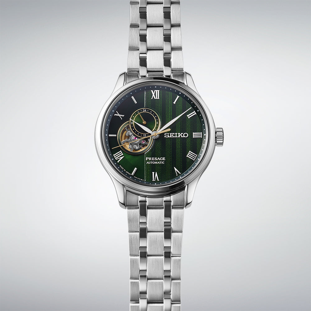 Close View of Presage Japanese Zen Gardens in Fern Green Watch SSA463J1