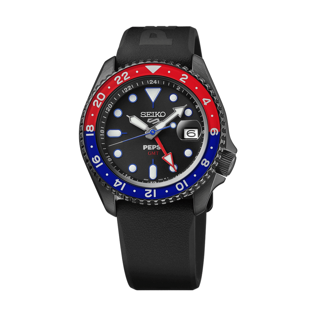 Seiko 5 Sports Pepsi Limited Edition watch with black dial and stainless steel strap, model SSK047K1