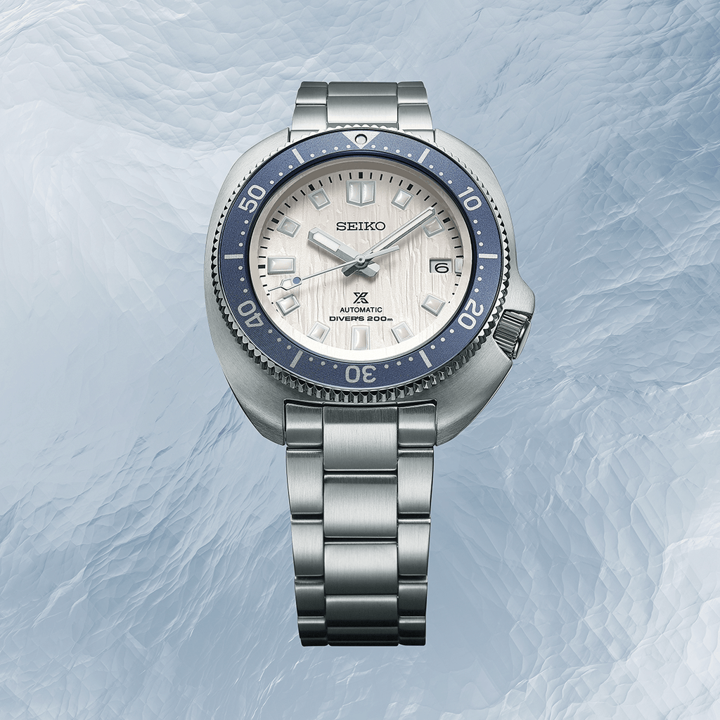 Close View of Seiko Glacier Save the Ocean 1970 Re-Interpretation Watch SPB301J1