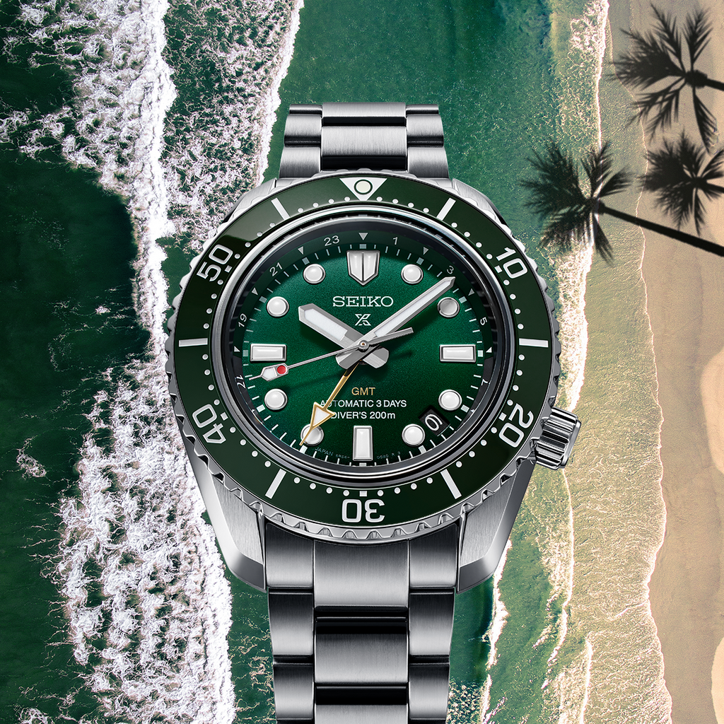 Close View of Seiko Prospex Marine Green GMT Watch SPB381J1